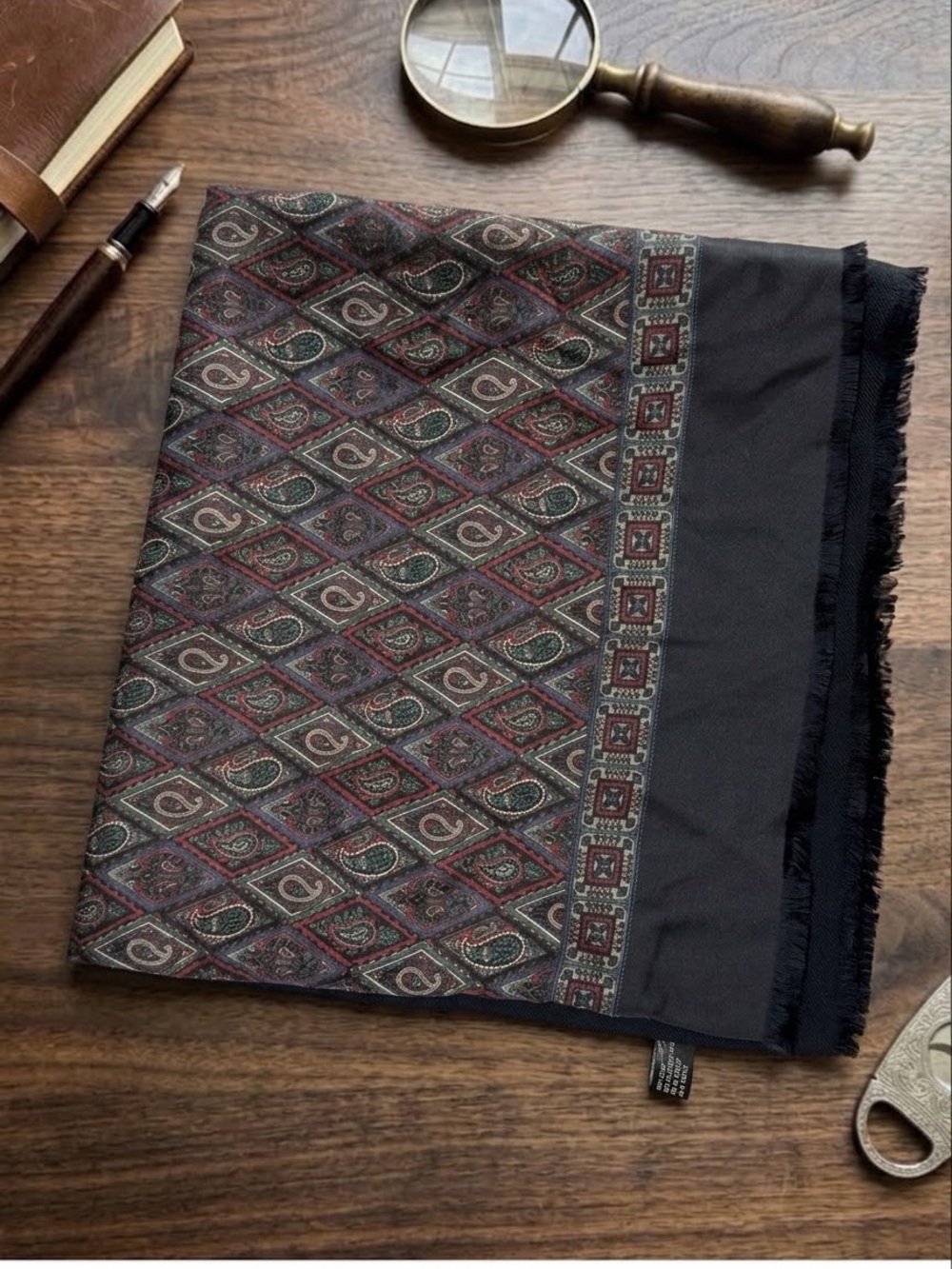 Vintage Men’s Italian Double Sided Silk Wool Paisley Fringe Dress Scarf